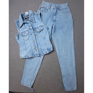 Zana Di Women's Denim Vest Jeans Set Size S Light Wash Lace Up Y2K Outfit